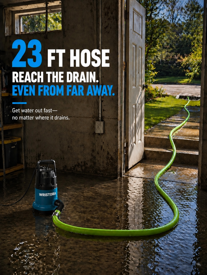 Wristora water pump draining a flooded basement using the 23ft hose
