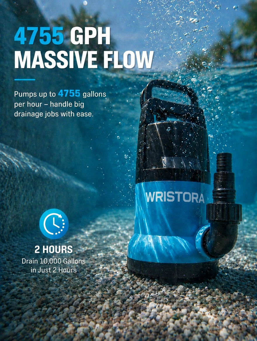 Wristora water pump underwater showing 4755 GPH massive flow rate