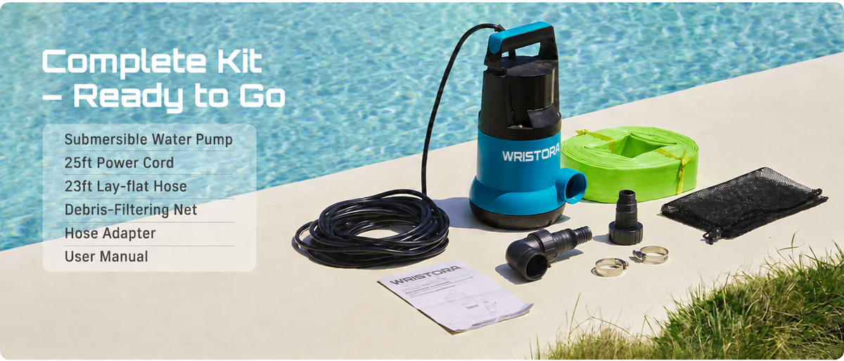 Complete Wristora water pump kit with hose, cord, adapters and manual