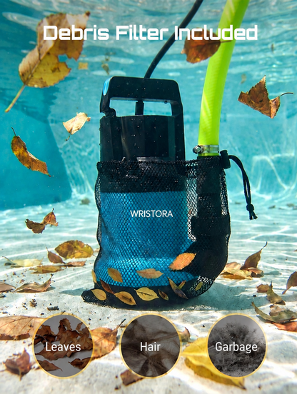 Wristora water pump with debris filter bag catching leaves underwater