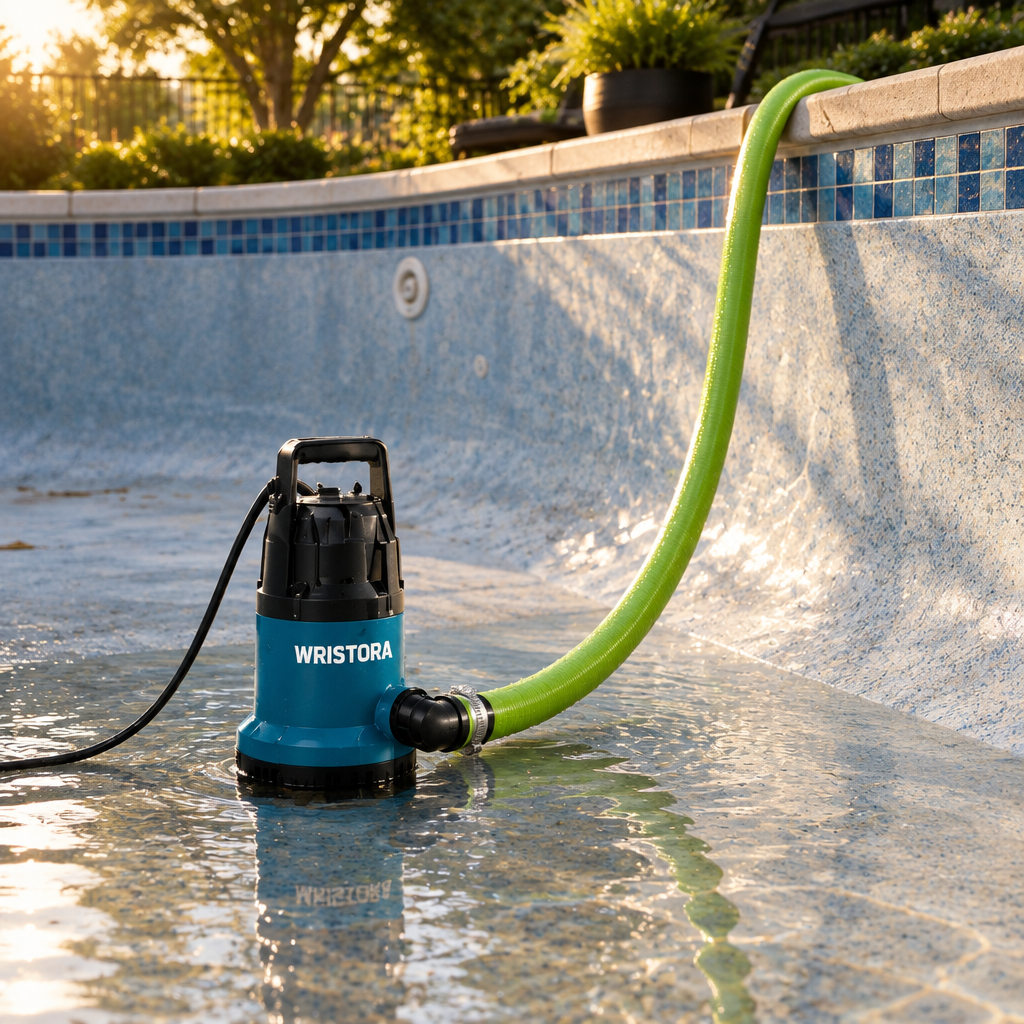 Wristora water pump sitting in a freshly drained clean pool