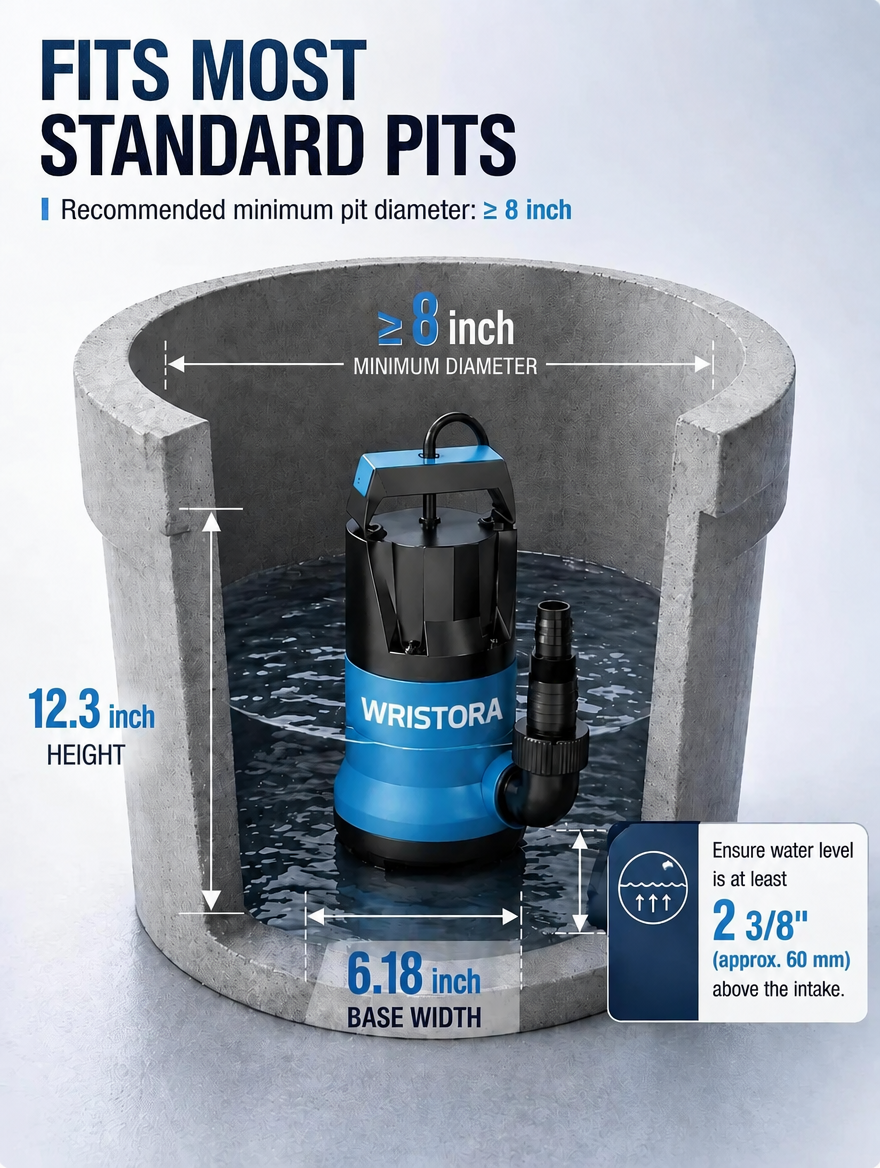 Diagram showing Wristora water pump dimensions fitting a standard sump pit