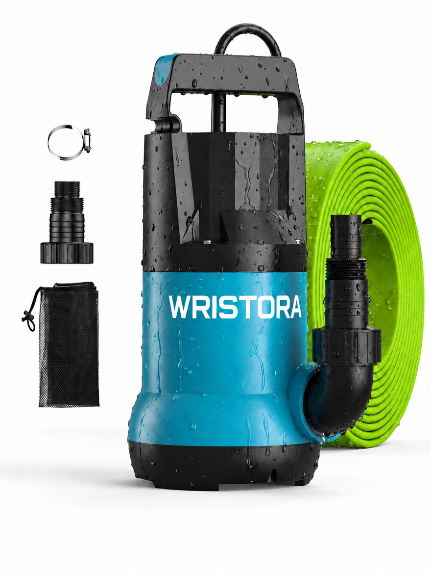 Wristora 1HP submersible water pump with hose, adapters, filter bag and clamp