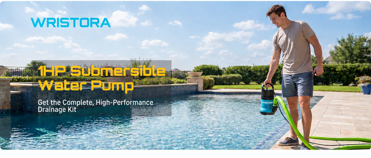 Man carrying Wristora 1HP submersible water pump beside a pool