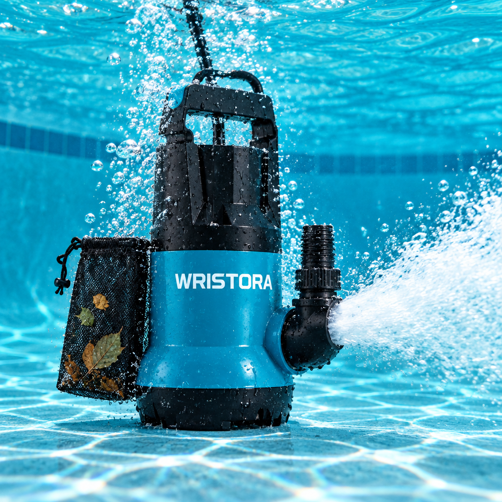 Wristora water pump running underwater with a strong jet of water and leaves caught in the filter bag