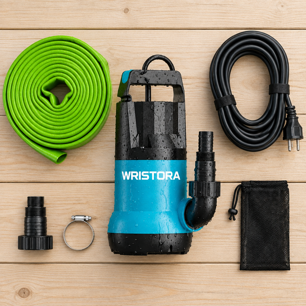 Overhead flat-lay of the Wristora water pump and its full accessory kit
